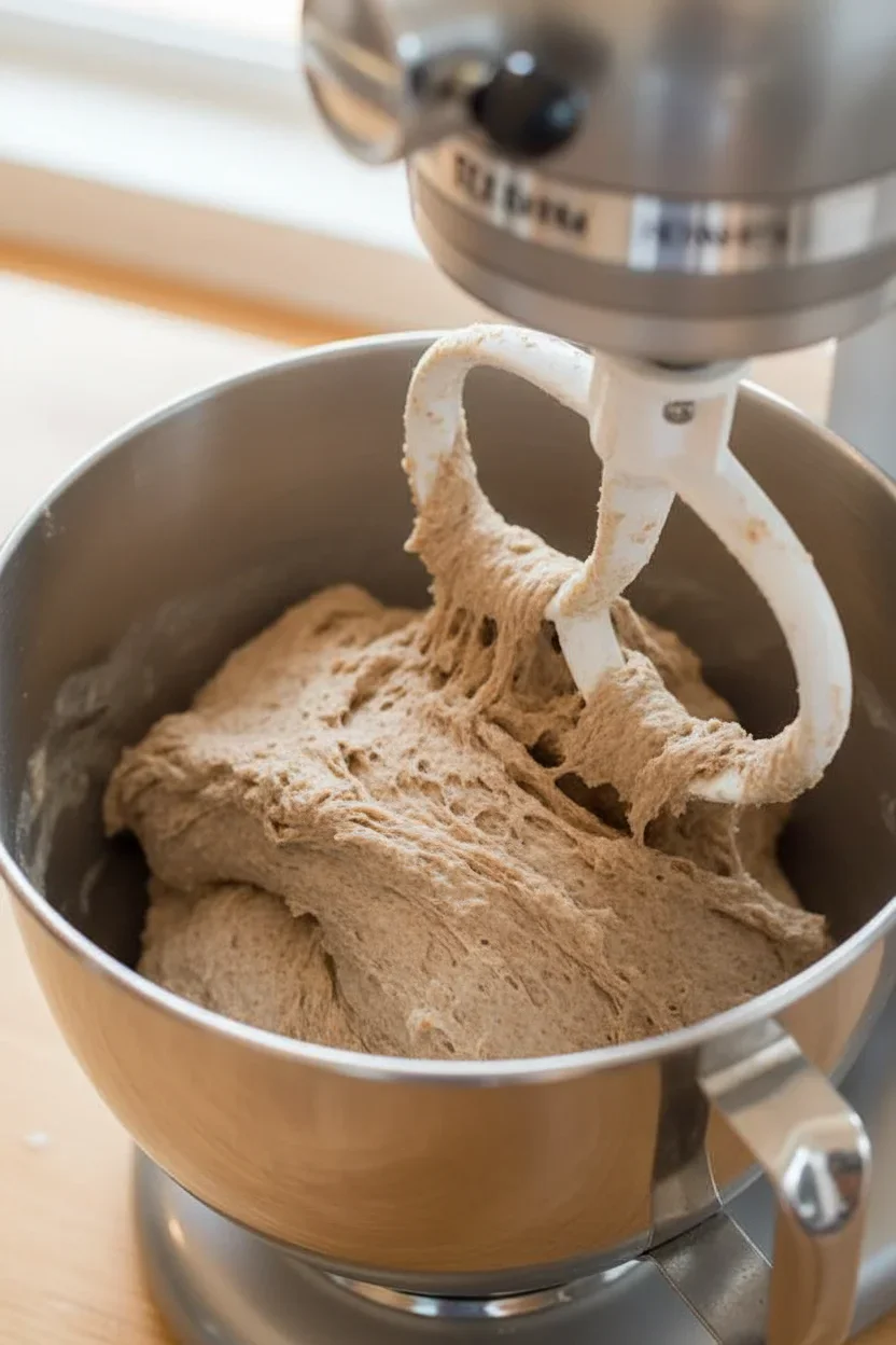 Dough mixture in a stand mixer bowl with a white dough hook attachment.