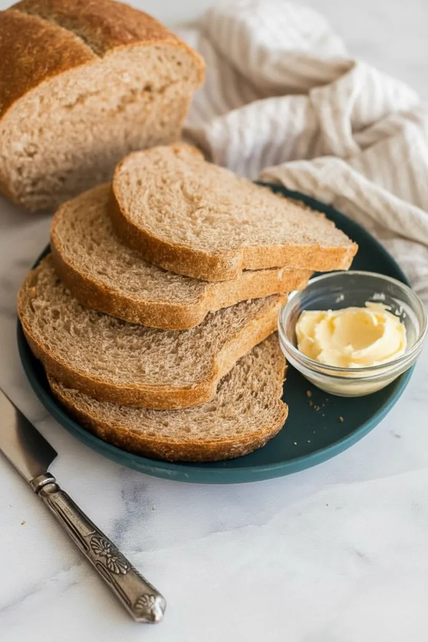Three slices of whole wheat bread on a teal plate with a bowl of butter, on a white surface with a napkin.