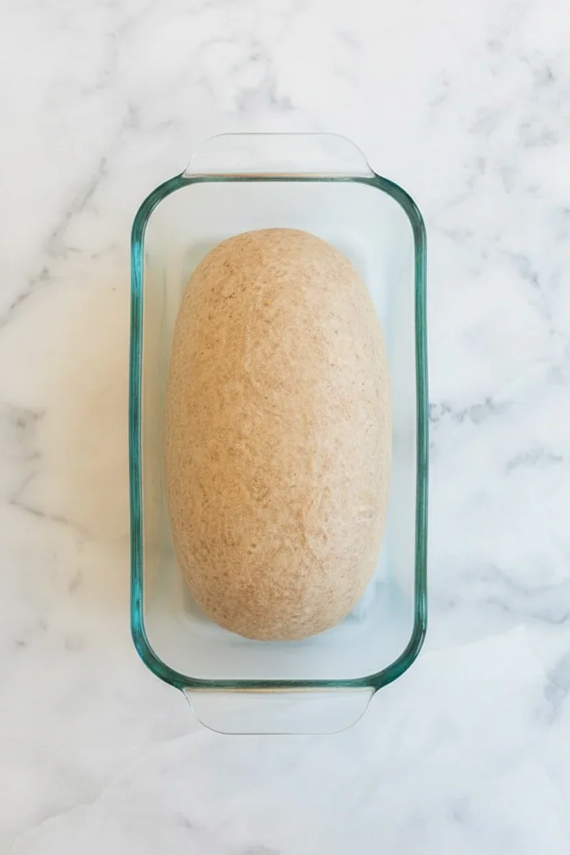 Large, oval-shaped dough ball in a glass dish on a white marble surface, ready for baking.