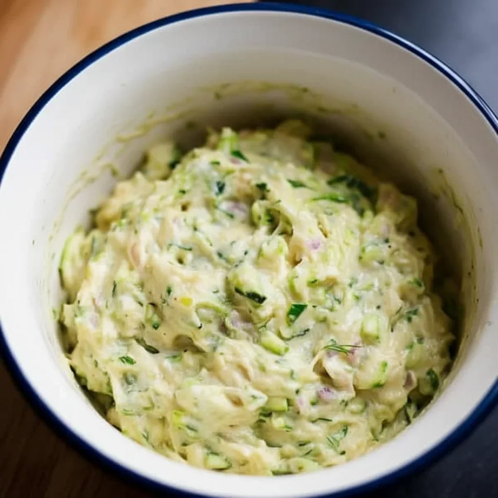 Close-up of a creamy vegetable mash with chopped herbs inside a white bowl.