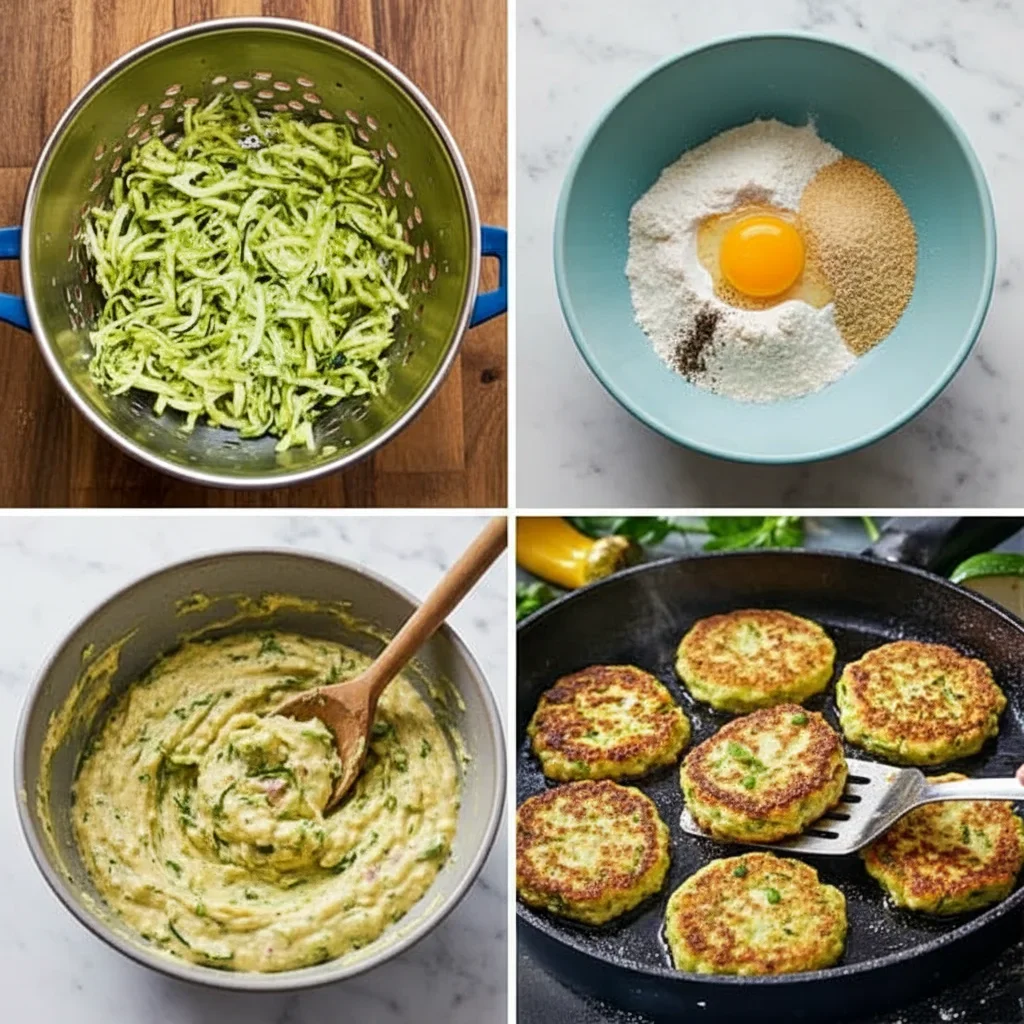 Step-by-step images showing shredded zucchini, mixing ingredients, batter, and frying zucchini fritters.