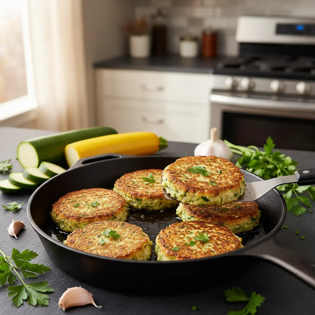 Golden-brown vegetable fritters cooking in a black skillet, garnished with fresh herbs.