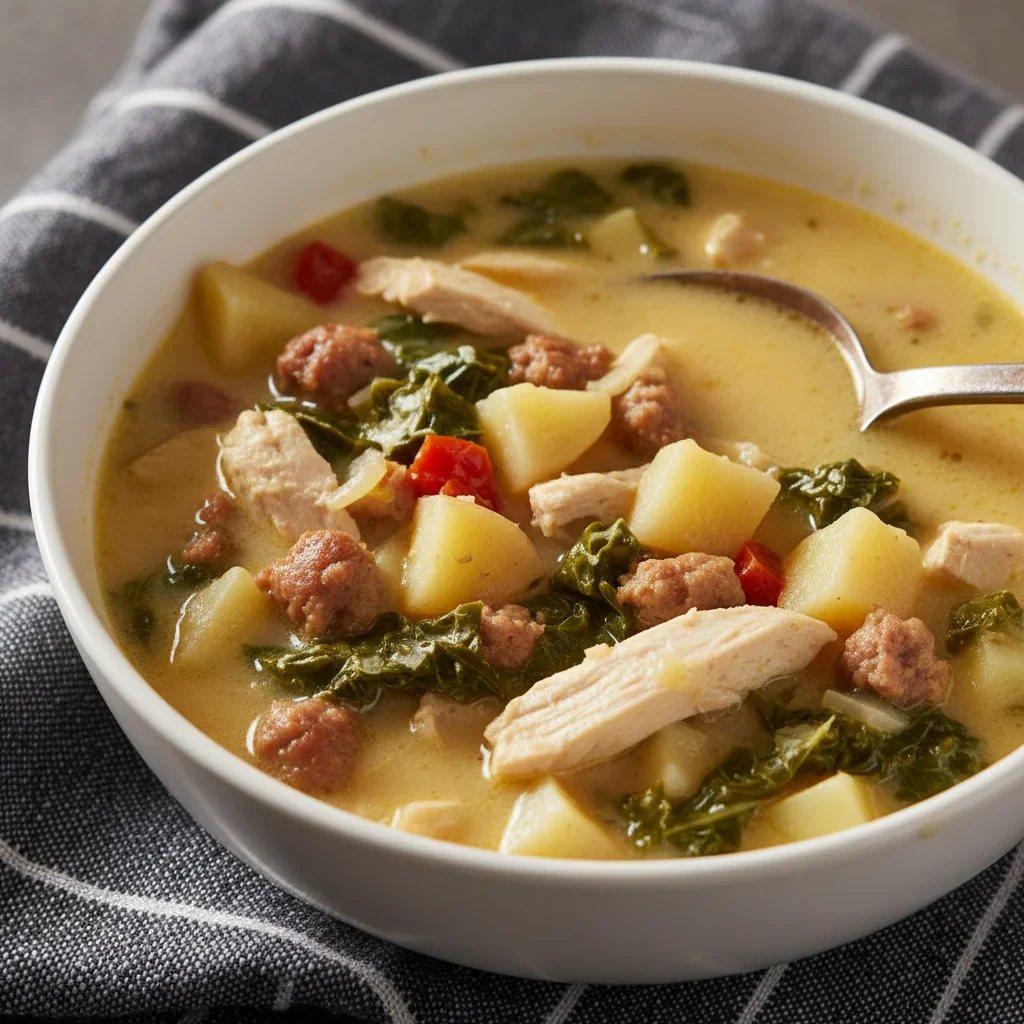 A bowl of chicken soup with potatoes, greens, and a creamy broth, served with a spoon on a striped cloth.