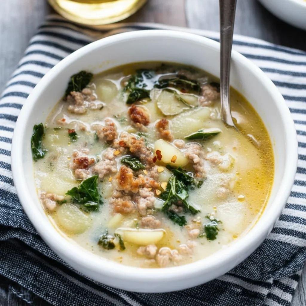 A white bowl filled with creamy vegetable soup garnished with fresh herbs on a dark surface.