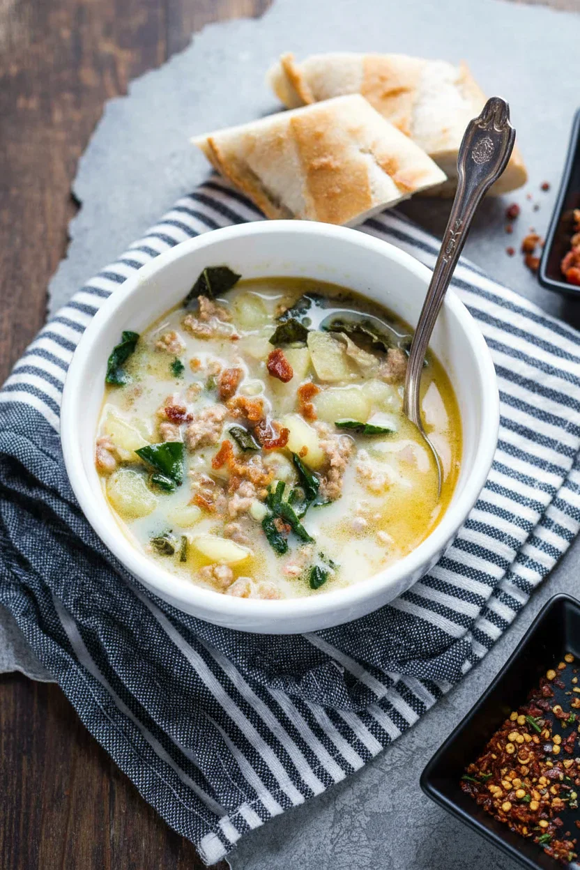 A bowl of creamy potato and meat soup with greens, bacon bits, and a spoon, with toasted bread in the background.