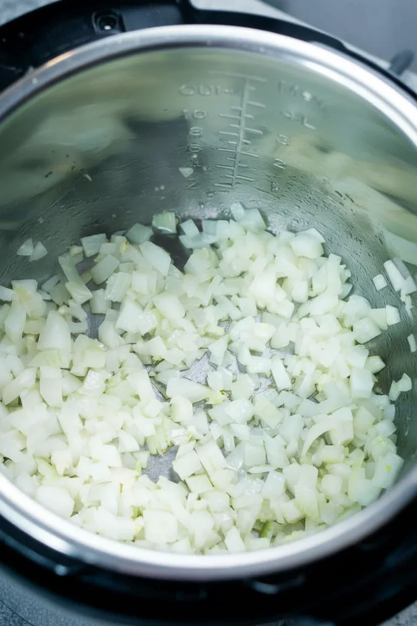 Finely chopped onions at the bottom of an electric pressure cooker, ready for cooking.