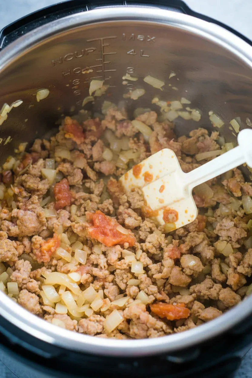 Cooked ground meat, onions, and tomatoes in a pot with a spatula for a recipe step.