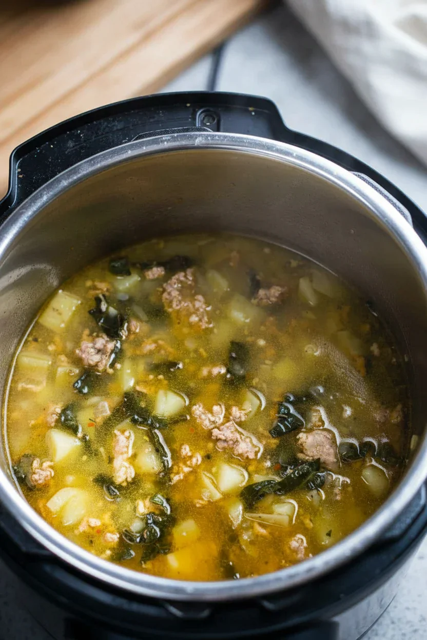 Close-up of a hearty soup with potatoes, greens, and ground meat in a pressure cooker.