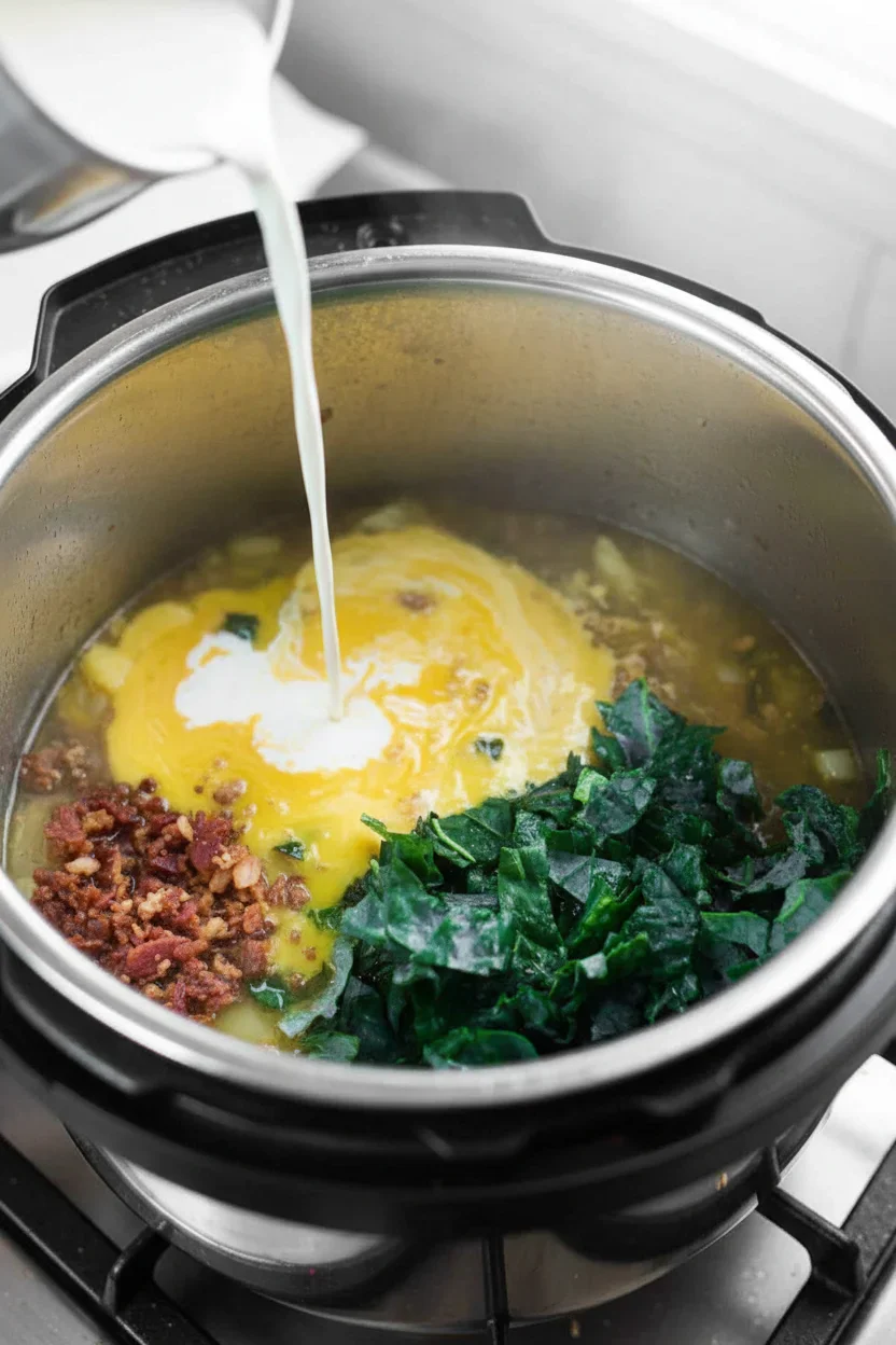 Ingredients including greens, ground meat, and egg in a pot with liquid being poured in.