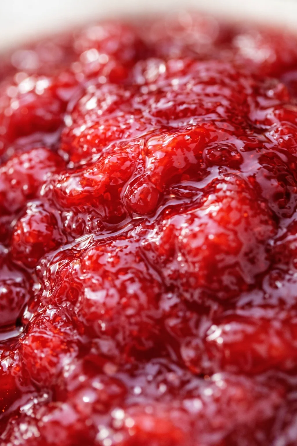 Tight detail shot of Strawberry Rhubarb Jam highlighting texture