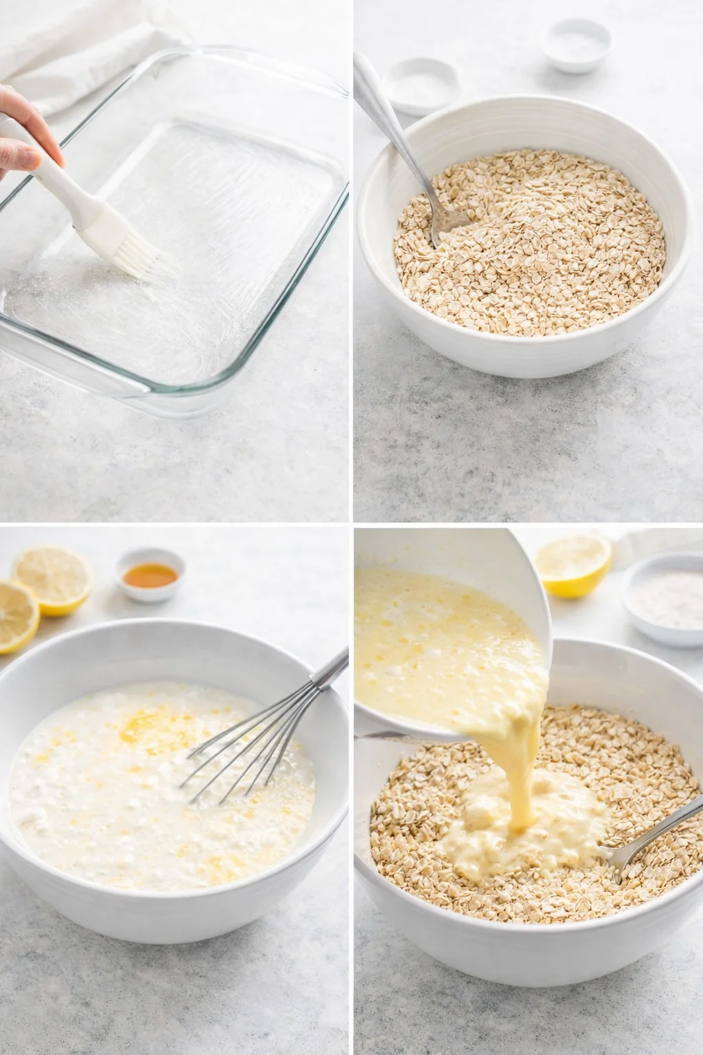 step-process-placeholder-1-4.png Whisked cottage-cheese lemon mixture being poured into oats and gently stirred in a bowl