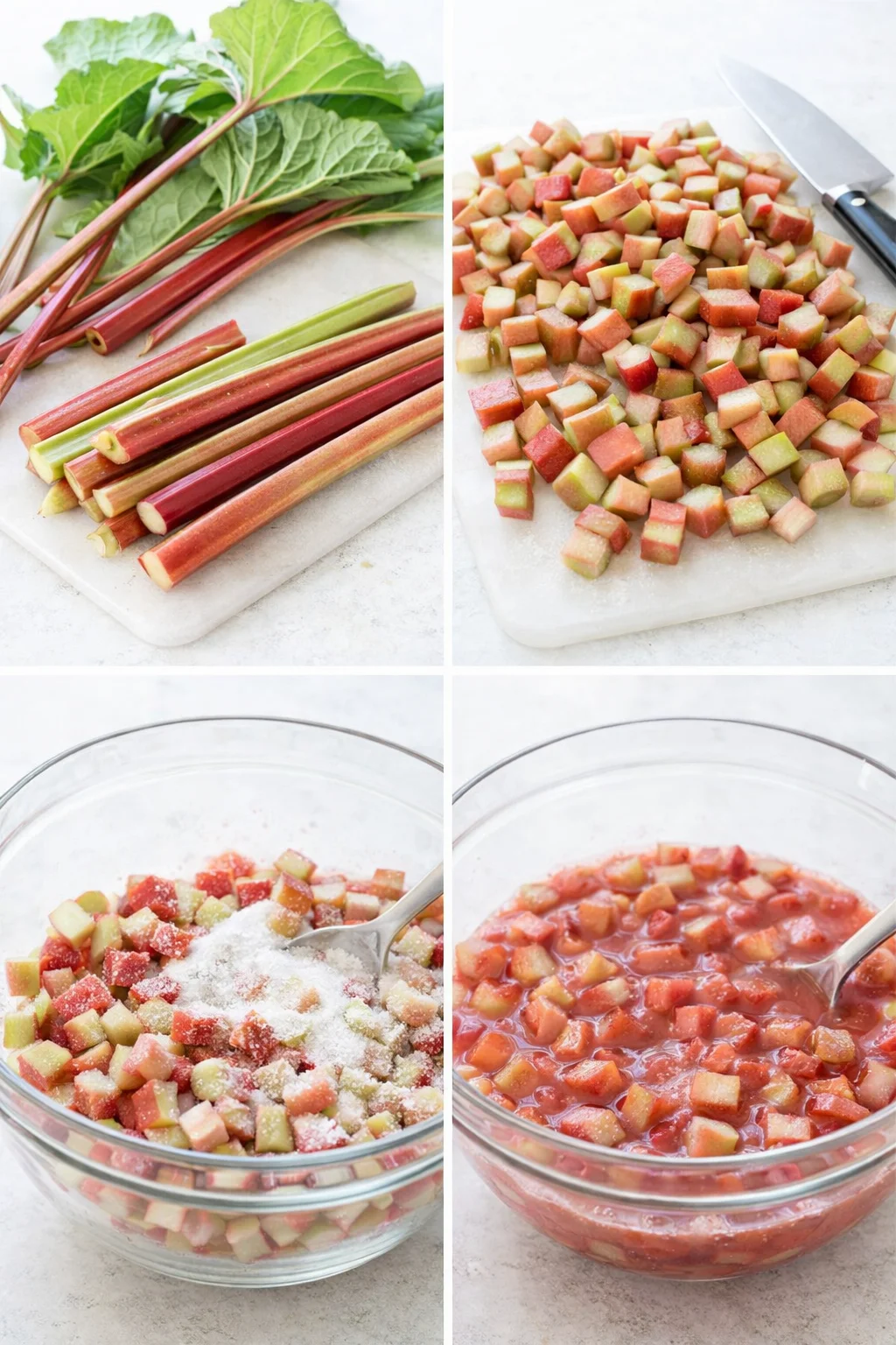 Discarded rhubarb leaves beside bowl of chopped stalks tossed with sugar beginning to macerate.
