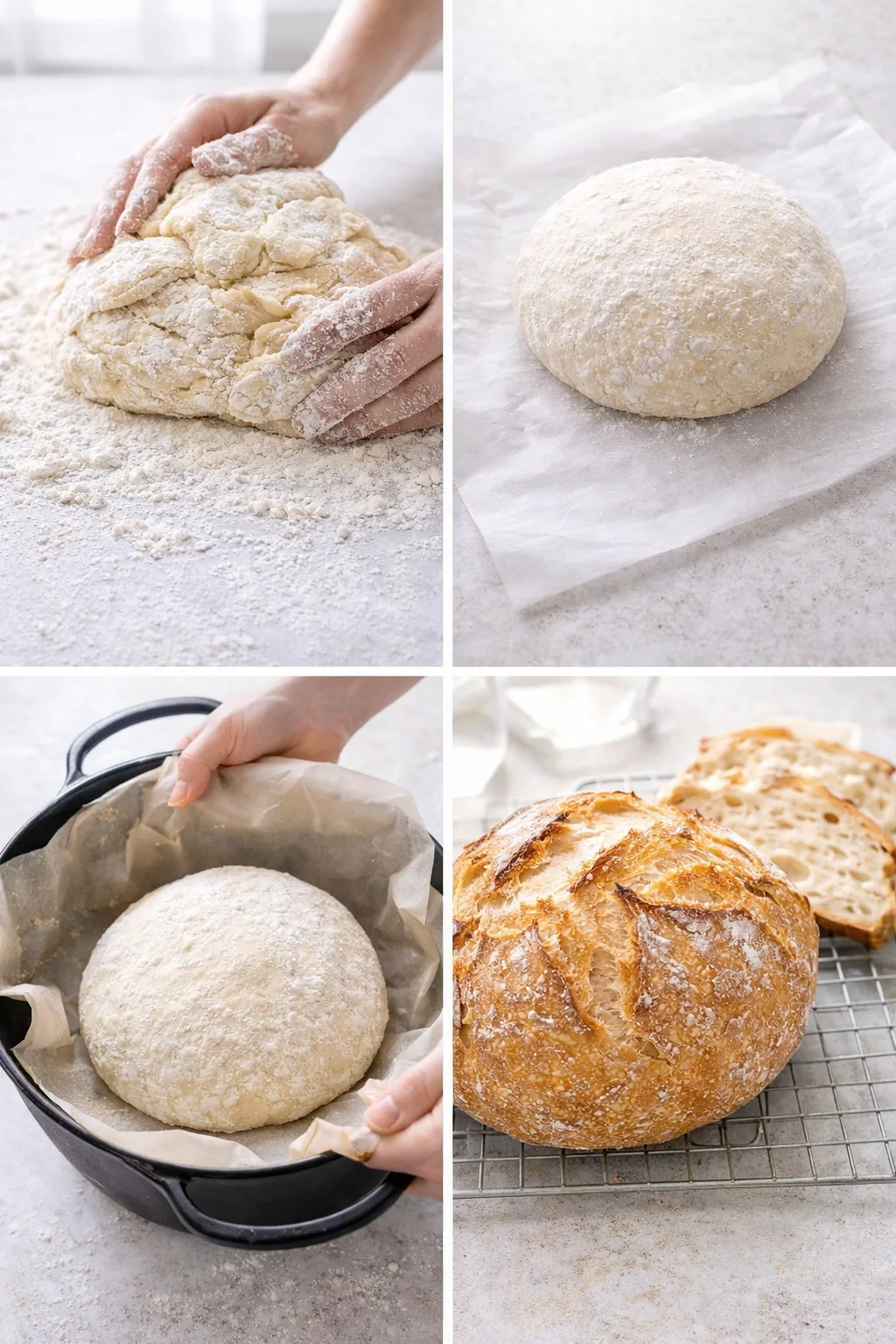 Hands shaping and folding floured dough into a loose round on parchment, ready to transfer into pot.