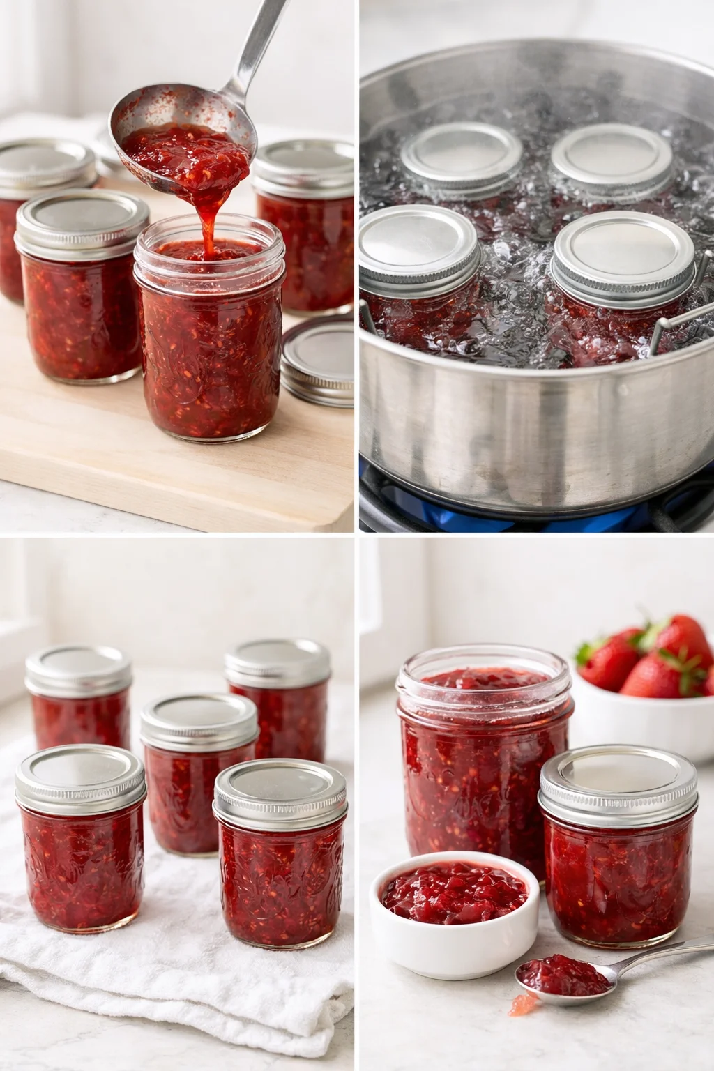 Hot jam being ladled into jars, lids screwed, and filled jars cooling upright on a towel.