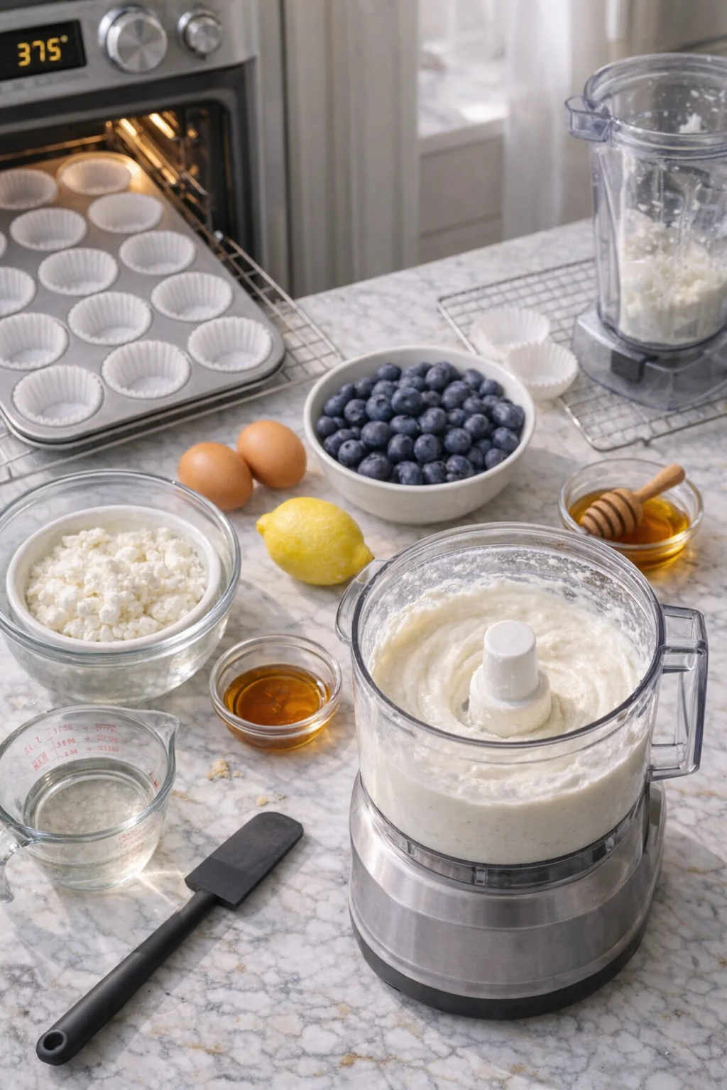 Blender containing cottage cheese turned into a smooth white puree beside lined muffin tin.