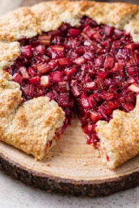 Final plated Rhubarb Tart with Oat Crust served as a hero shot