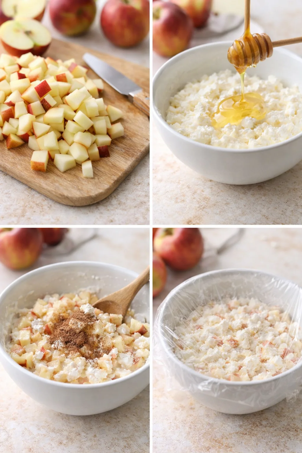 Spoon folding diced apples and cinnamon into smooth sweetened cottage cheese in mixing bowl.