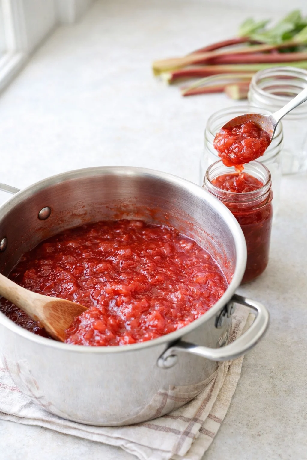 Thickening pink rhubarb jam bubbling in a stainless steel pot, spoonful being ladled into jars.