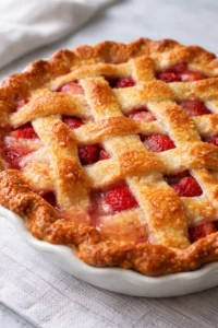 Final plated The Best Strawberry Rhubarb Pie served as a hero shot