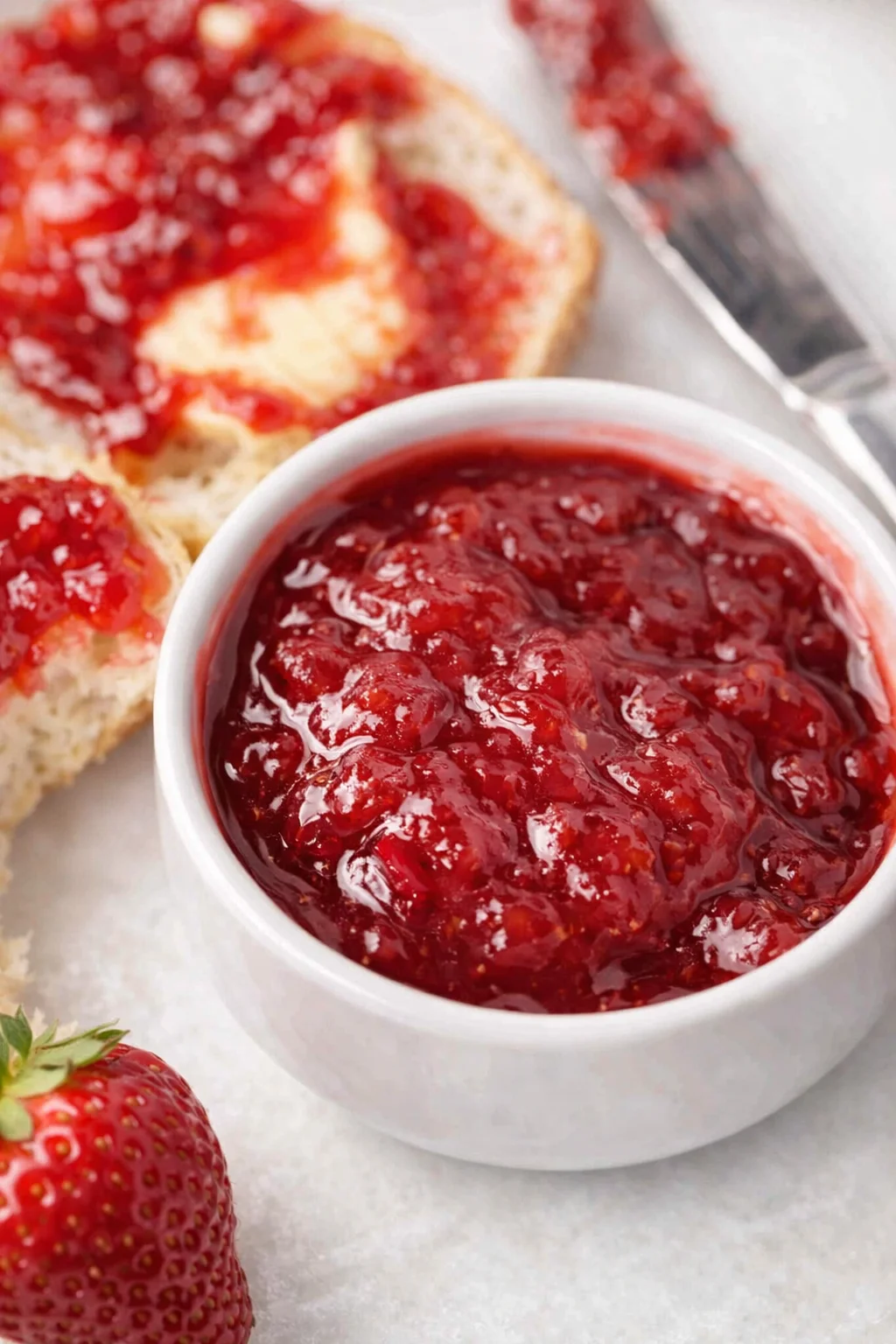 Final plated Strawberry Rhubarb Jam served as a hero shot