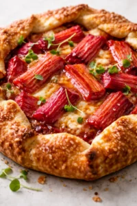 Final plated Rick Stein’s Rhubarb Galette served as a hero shot