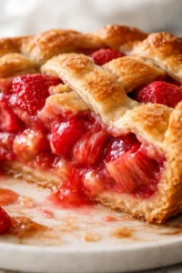 Tight detail shot of Strawberry Rhubarb Pie highlighting texture