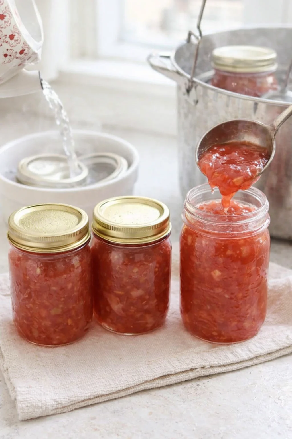 Hot jam being ladled into warm jars, lids ready, and sealed jars cooling for canning.