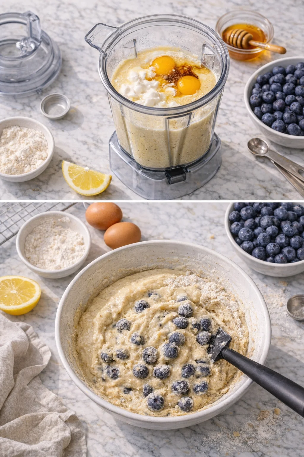 Hand folding flour-coated blueberries into creamy batter in a large mixing bowl.