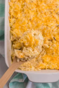 Cracker Barrel Hashbrown Casserole in white casserole dish.