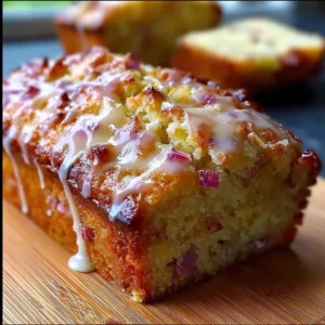 Sliced Lemon Rhubarb Loaf on a wooden board with fresh lemons and rhubarb