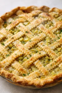 Final plated Old Fashioned Rhubarb Pie Recipe served as a hero shot