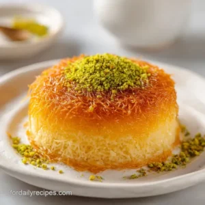A slice of warm, cheesy kunafa rests on a white plate, the syrup pooling. Garnished with crushed pistachios and rose petals.