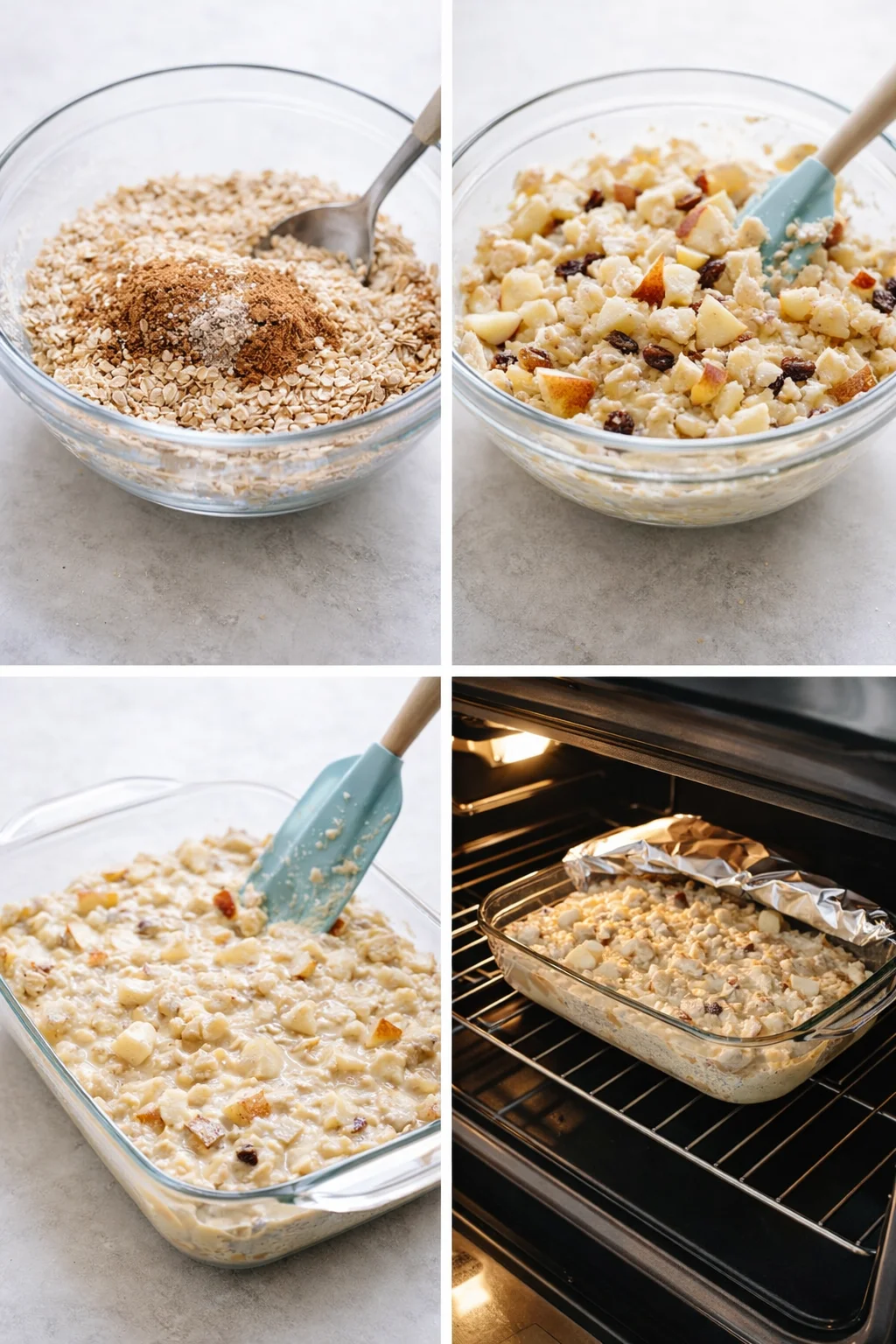Pouring oat-rich batter with apple pieces into greased baking dish, smoothing top with spatula.
