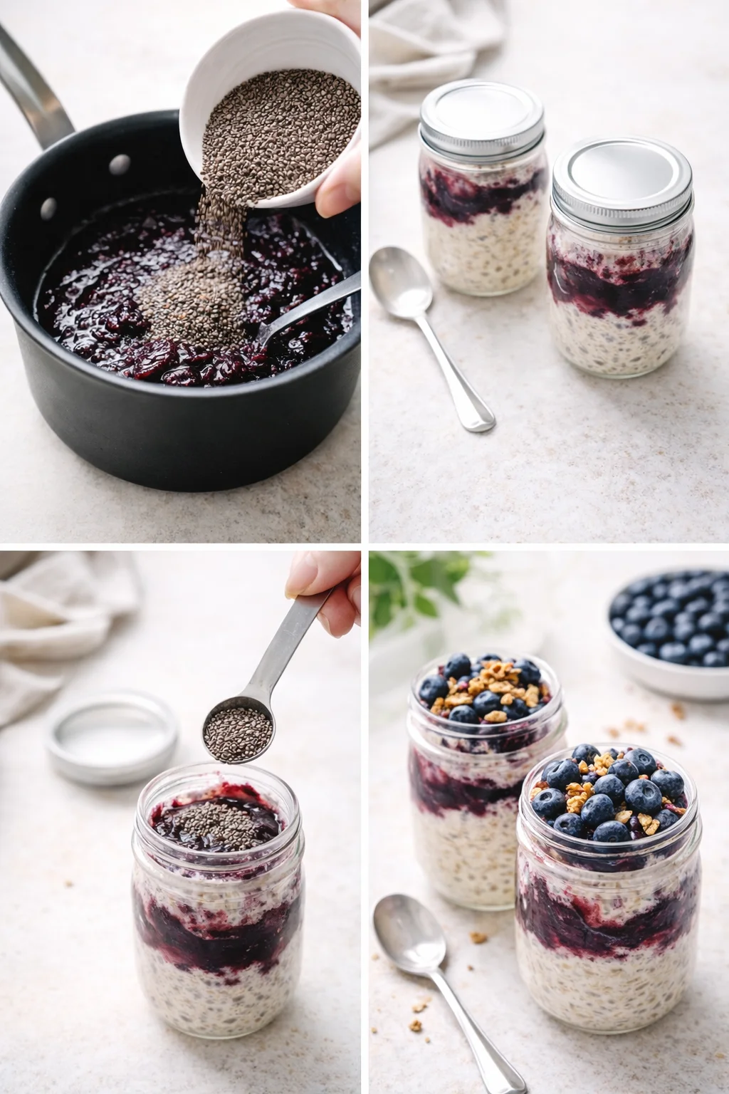 Collage of four panels showing layered overnight oats in jars topped with blueberries and berry sauce