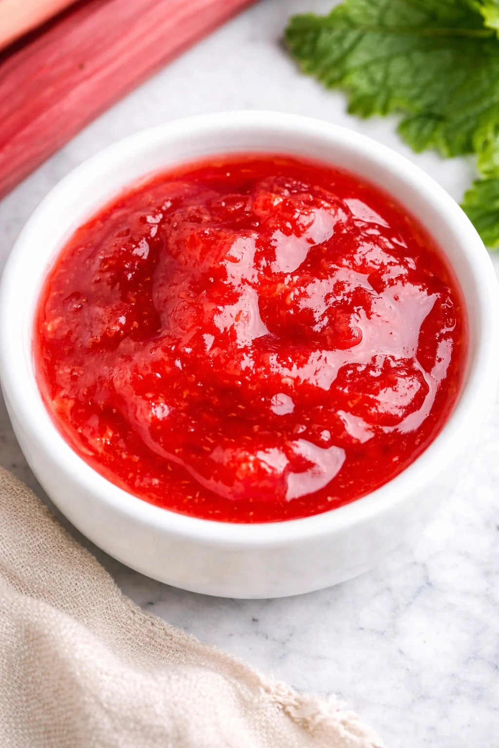 Bright red cranberry sauce in a white bowl on a marble surface with a napkin and greens in the background.