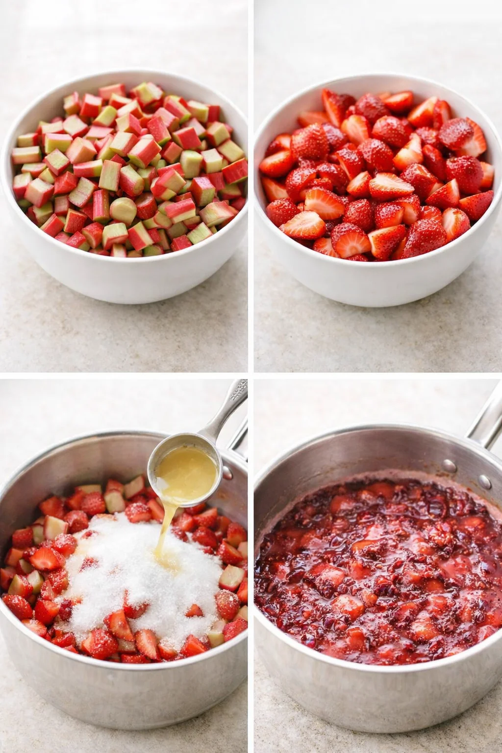 Chopped rhubarb and halved strawberries mixed with sugar and lemon juice in saucepan.
