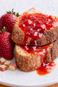 Final plated Homemade Strawberry Rhubarb Jam served as a hero shot