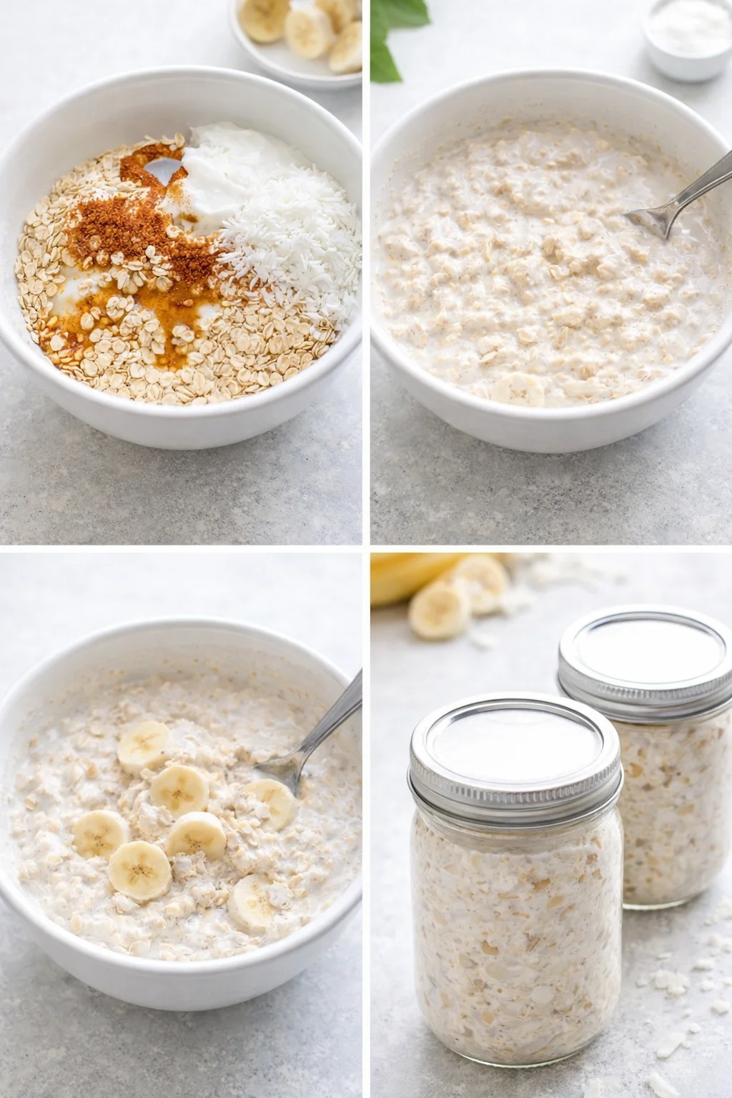 Mixing bowl with oats, coconut milk, and bananas being folded before jars are filled and sealed.