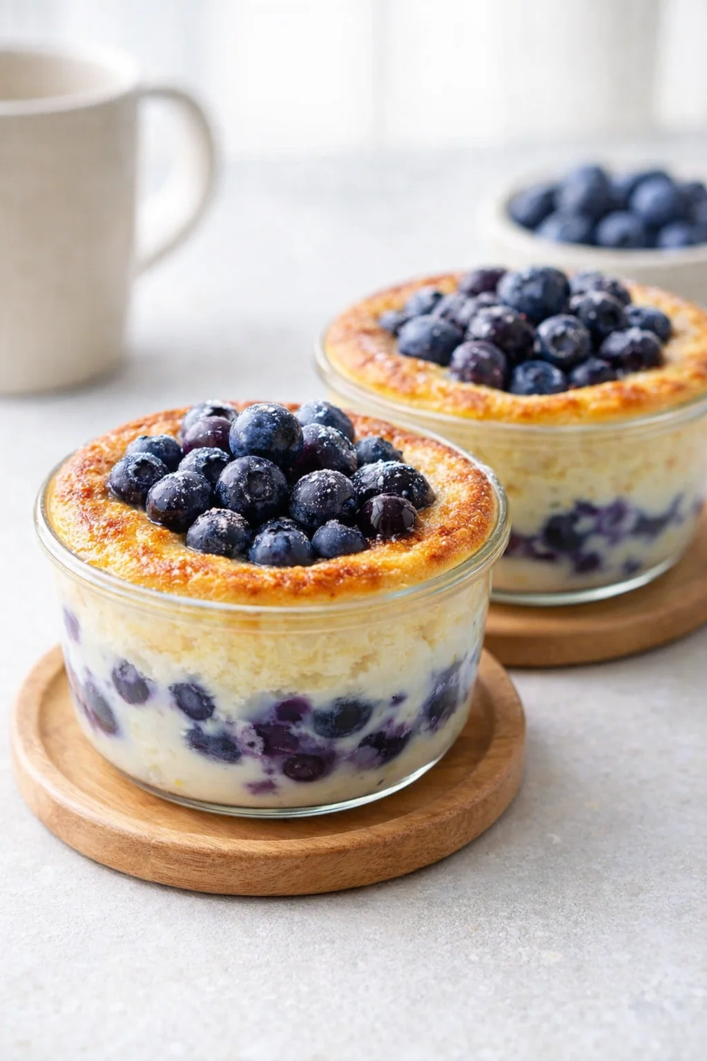 Ramekins with light golden-firm tops cooling on wire rack, steam rising slightly.