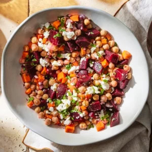 Colorful salad with chickpeas, beets, feta, and fresh herbs in a white bowl.