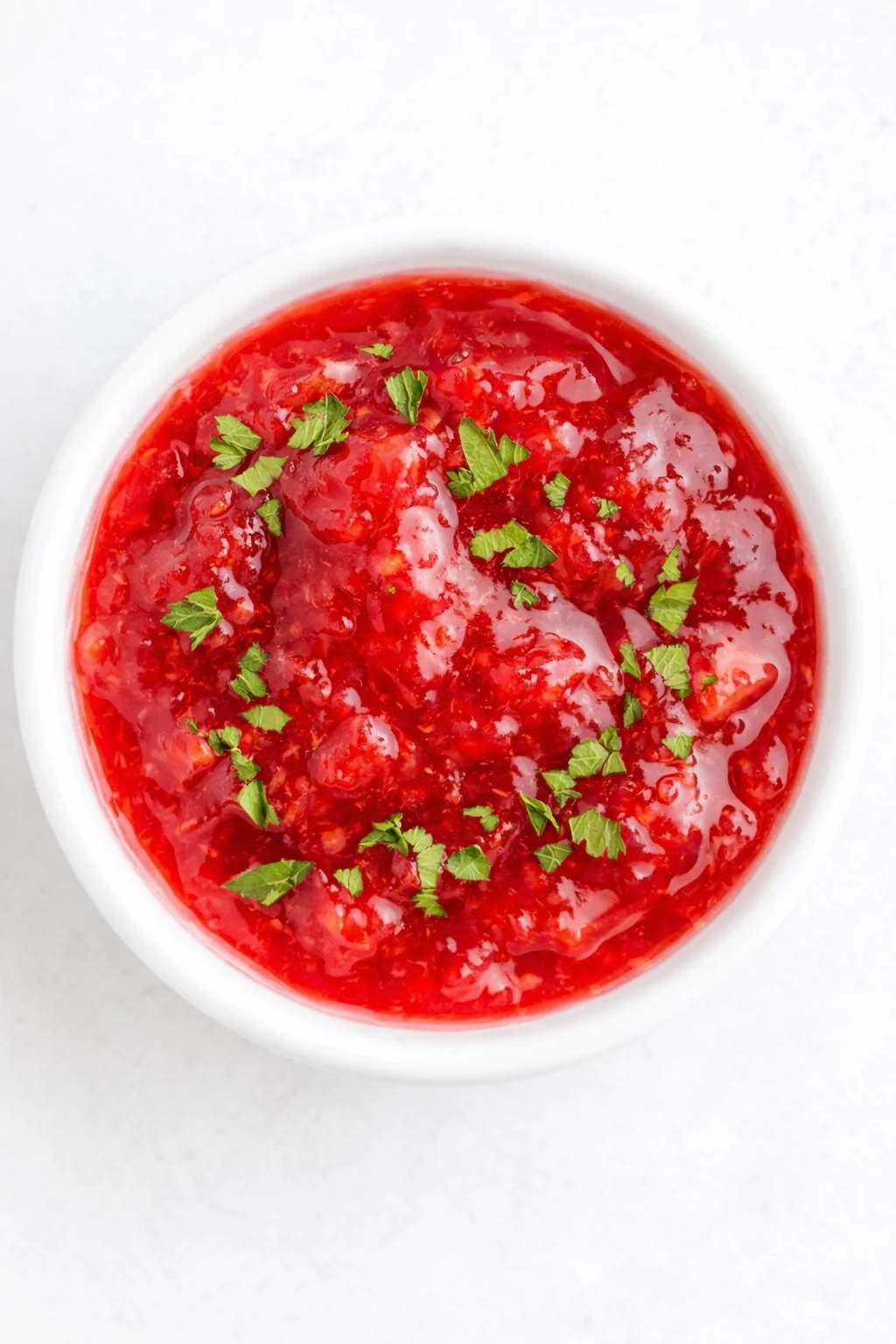 White bowl of glossy red cranberry sauce garnished with parsley leaves on a light background.