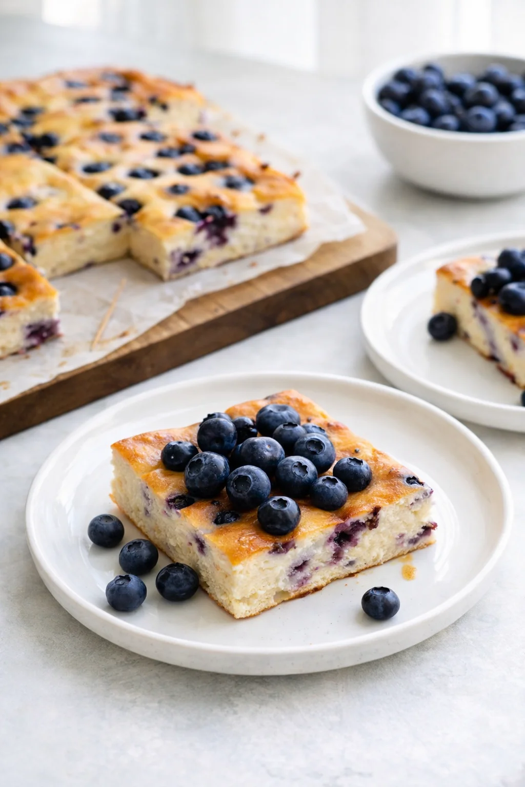 Lightly golden baked breakfast casserole in pan, cooled slightly and topped with reserved blueberries