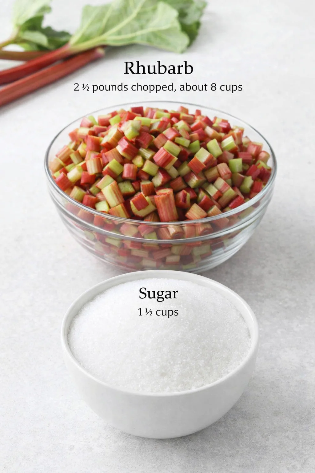 Measured ingredients arranged for Rhubarb Jam - No Pectin: 2 ½ pounds rhubarb stalks, chopped, about 8 cups, 1 ½ cups sugar