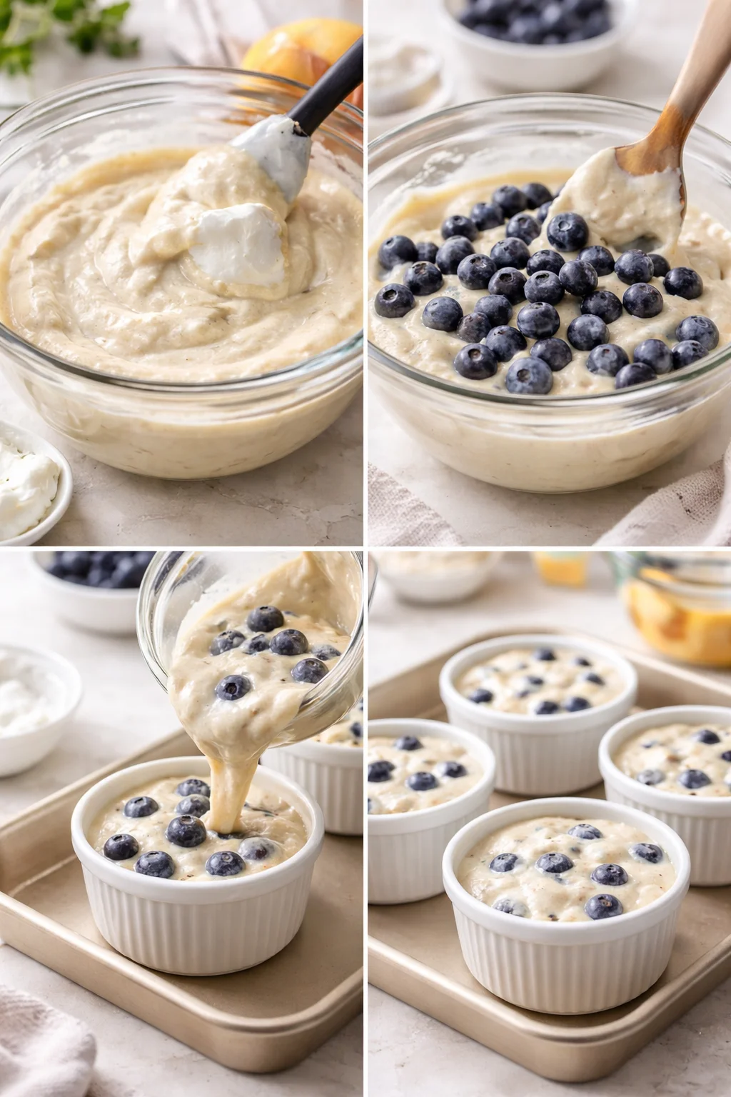 Smooth cottage cheese batter in blender; hands folding whipped whites and blueberries, pouring into ramekins.