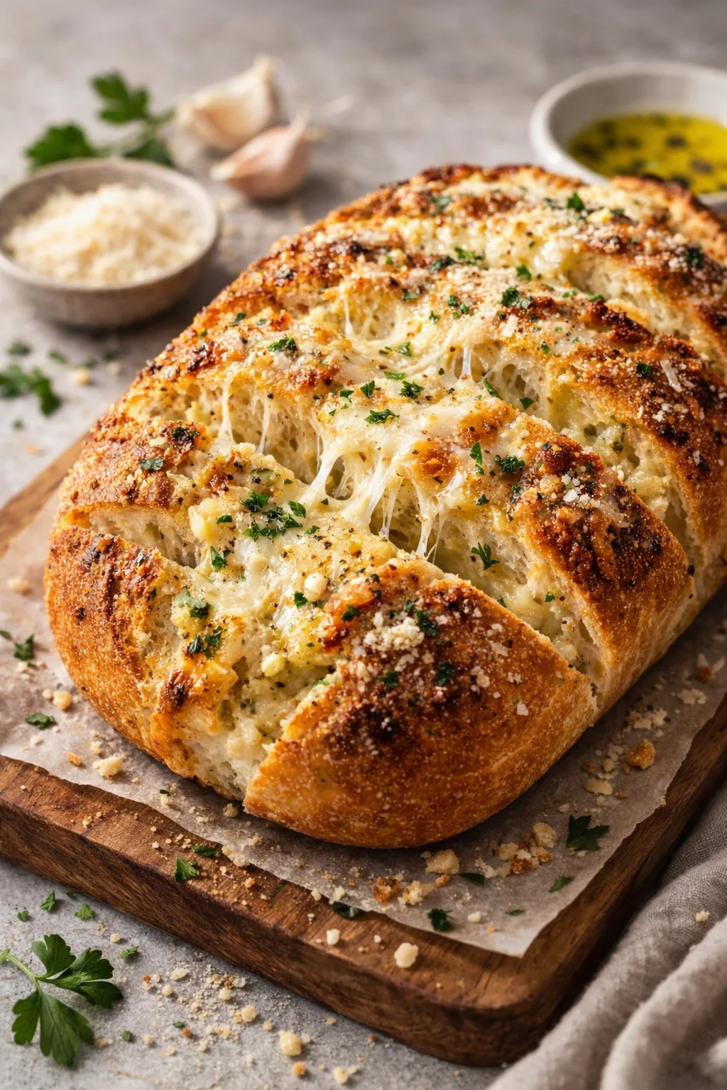 Crusty loaf of garlic Parmesan bread with melted cheese and herbs, on a wooden surface.