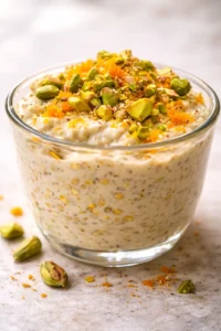 Creamy oats in a glass bowl, topped with pistachios and orange zest.