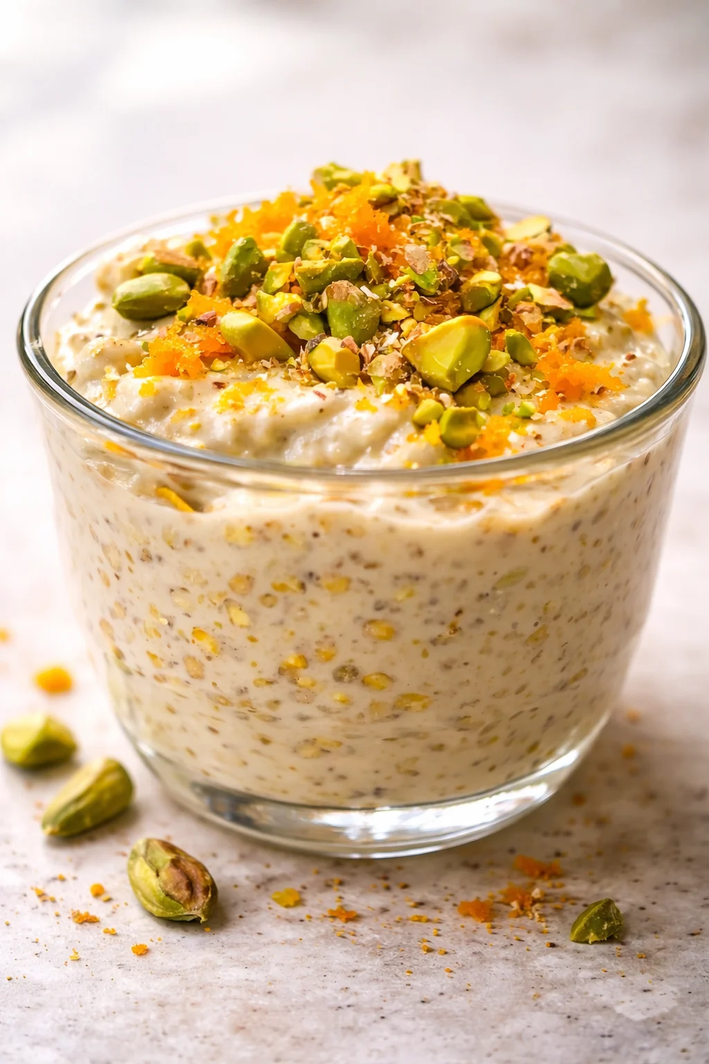 Creamy oats in a glass bowl, topped with pistachios and orange zest.