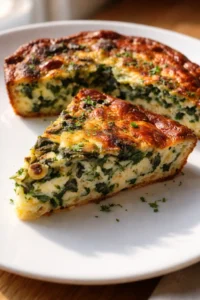 Slices of spinach and cheese quiche on a white plate, with a golden crust and vibrant green filling.