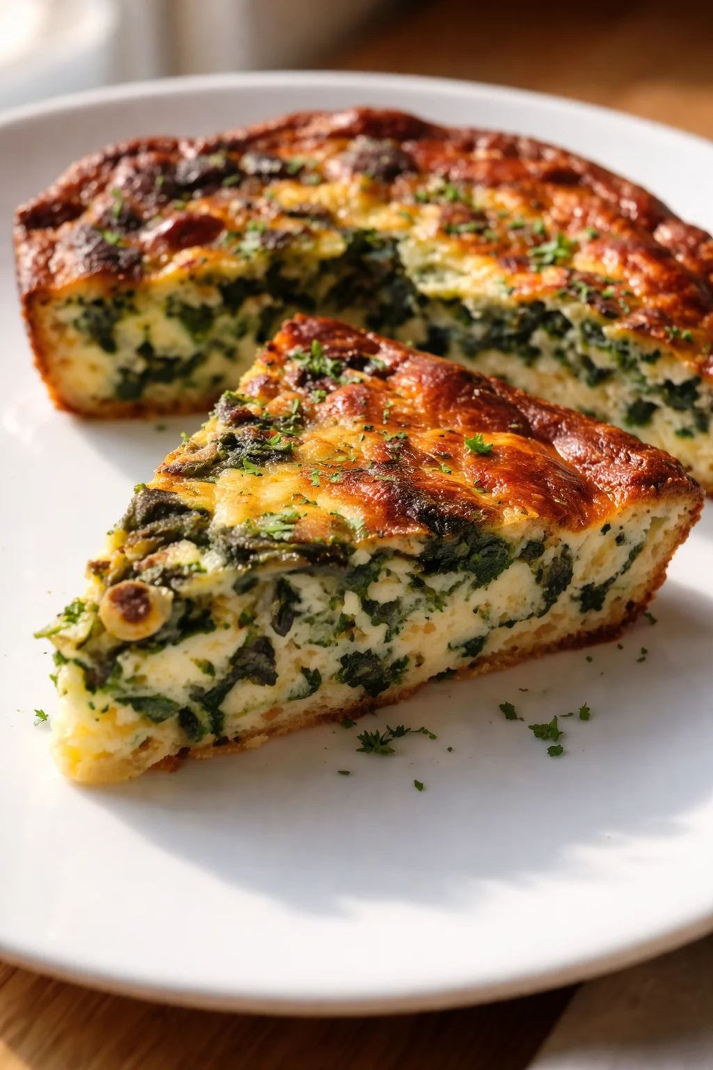 Slices of spinach and cheese quiche on a white plate, with a golden crust and vibrant green filling.