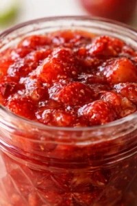 Close-up of homemade strawberry rhubarb jam in a glass jar.